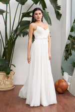 Ecru Chiffon Pleated Waist Beaded Long Wedding Dress