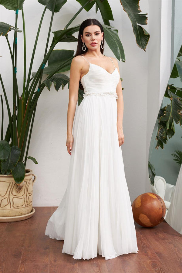 Ecru Chiffon Pleated Waist Beaded Long Wedding Dress