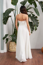 Ecru Chiffon Pleated Waist Beaded Long Wedding Dress