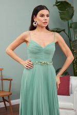 Çağla Chiffon Pleated Waist Beaded Long Evening Dress
