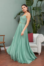Çağla Chiffon Pleated Waist Beaded Long Evening Dress