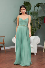 Çağla Chiffon Pleated Waist Beaded Long Evening Dress
