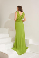 Angelino Pistachio Green Chiffon Shoulder Stone Long Evening Dress and Invitation Dress