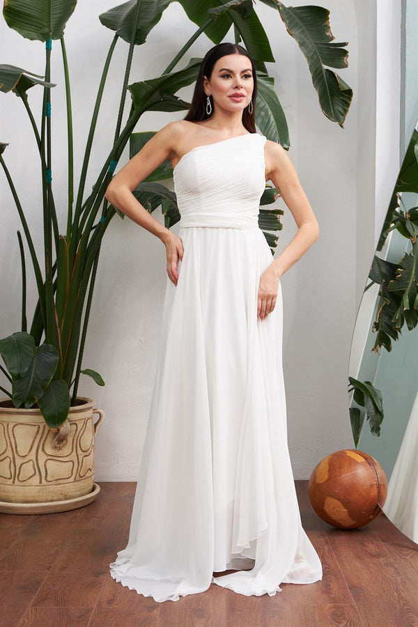 Angelino ecru chiffon one arm long outer gravity dress