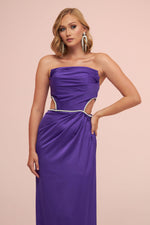 Angelino Purple Satin Strapless Long Evening Dress with Side Slit