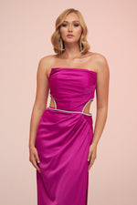 Angelino Fuchsia Satin Strapless Long Evening Dress with Side Slit