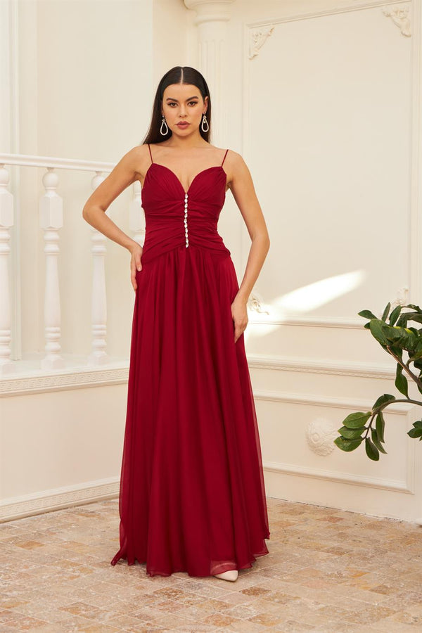 Angelino Bordeaux Chiffon Hanger Collar Long Evening Dress and Invitation Dress