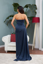 Angelino Navy Blue Slit Satin Evening Dress Cat Ear Dress