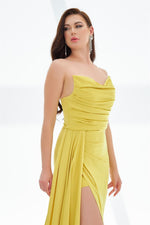 Yellow Slit Satin Evening Dress Cat Ear Dress