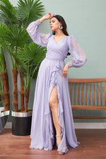Lilac Chiffon Sleeves Stone Long Evening Dress and Promise Dress