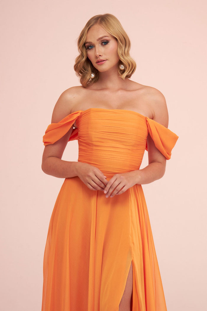 Angelino Orange Chiffon Low Sleeve Long Evening Dress