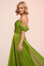 Angelino Pistachio Green Chiffon Low Sleeve Long Evening Dress
