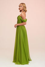 Angelino Pistachio Green Chiffon Low Sleeve Long Evening Dress