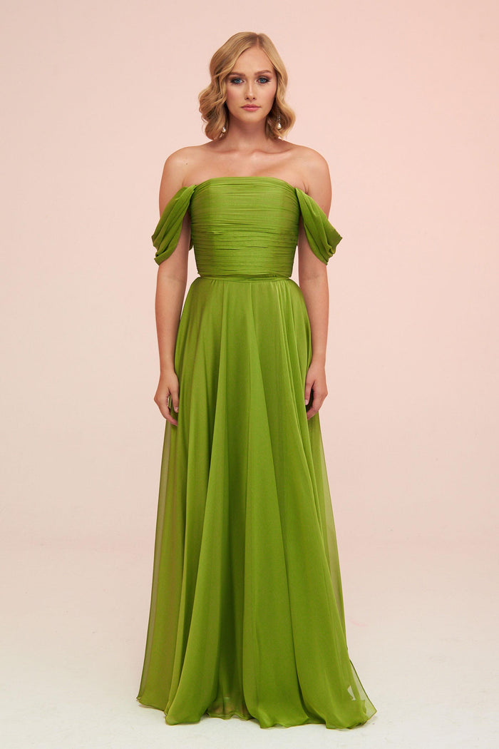 Angelino Pistachio Green Chiffon Low Sleeve Long Evening Dress