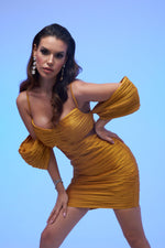 Angelino Saffron Strap Pleated Short Satin Evening Dress