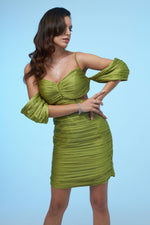 Angelino Pistachio Green Strappy Pleated Short Satin Evening Dress