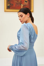 Angelino indigo chiffon one arm embroidered long evening dresses