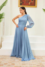 Angelino indigo chiffon one arm embroidered long evening dresses