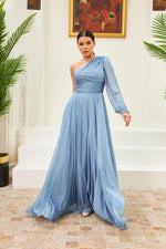 Angelino indigo chiffon one arm embroidered long evening dresses
