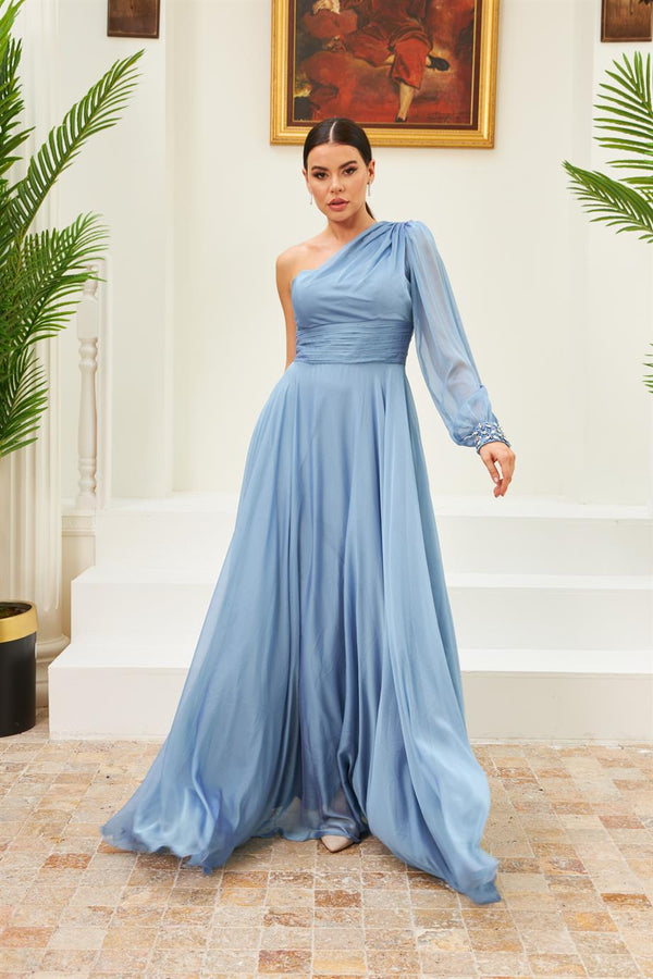 Angelino indigo chiffon one arm embroidered long evening dresses