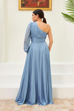 Angelino indigo chiffon one arm embroidered long evening dresses