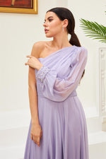 Angelino Lavender Chiffon One Arm Embroidered Long Evening Dress