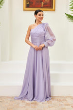 Angelino Lavender Chiffon One Arm Embroidered Long Evening Dress