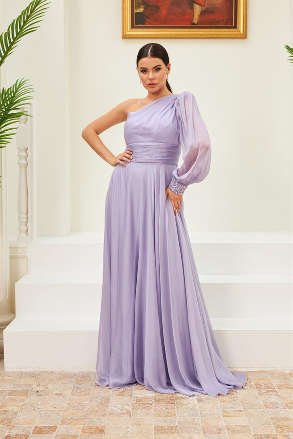 Angelino Lavender Chiffon One Arm Embroidered Long Evening Dress