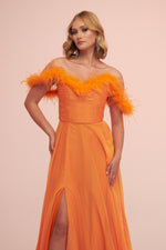 Angelino Orange Chiffon Feathered Slit Long Evening Dress