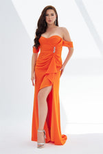 Orange Crepe Low Sleeve Slit Long Evening Dress