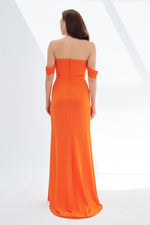 Orange Crepe Low Sleeve Slit Long Evening Dress