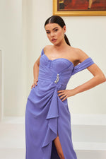 Angelino Lila Crepe Long Evening Dress with Low Sleeve