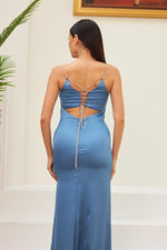 Indigo Satin Backless Long Invitation Dress