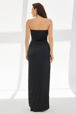 Angelino Black Plisoley Long Evening Dress with Stone Slit on the Side