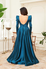 Angelino oil satin back open long engagement dress
