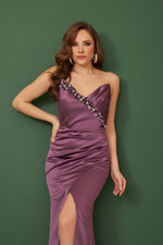 Angelino Lavender Satin Strapless Embroidered Long Evening Dress
