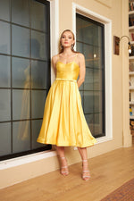 Angelino Yellow Satin Strapless Midi Söz dress and engagement dress