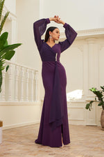 Angelino Plum Chiffon Buckle Detailed Long Evening Dress