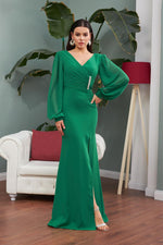 Angelino Emerald Chiffon Buckle Detailed Long Evening Dress