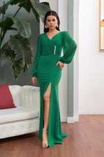 Angelino Emerald Chiffon Buckle Detailed Long Evening Dress