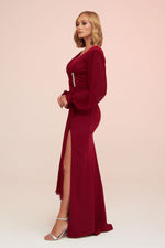 Angelino Burgundy Chiffon Buckle Detailed Long Evening Dress