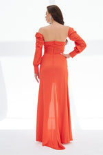 Orange Satin Front Slit Aller Sleeve Long Evening Dress