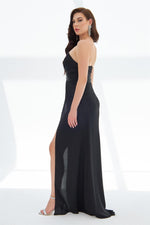 Black Satin Front Slit Aller Sleeve Long Evening Dress