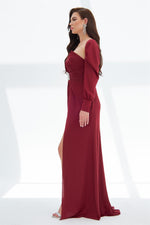 Burgundy Satin Front Slit Aller Sleeve Long Evening Dress