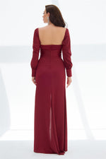 Burgundy Satin Front Slit Aller Sleeve Long Evening Dress