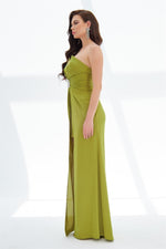 Pistachio Green Satin Front Slit Aller Sleeve Long Evening Dress