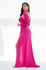 Fuchsia Satin Front Slit Aller Sleeve Long Evening Dress
