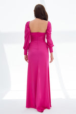 Fuchsia Satin Front Slit Aller Sleeve Long Evening Dress