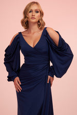 Angelino Navy Blue Sleeve Detailed Slit Long Venezia Evening Dress