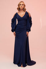 Angelino Navy Blue Sleeve Detailed Slit Long Venezia Evening Dress